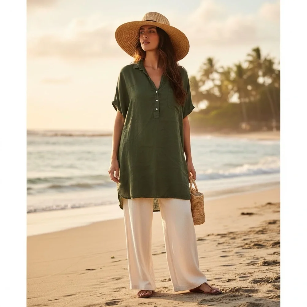 Grayson Anthropologie Artist Green Linen Minimalist Collared Hi-Low Shirt Dress